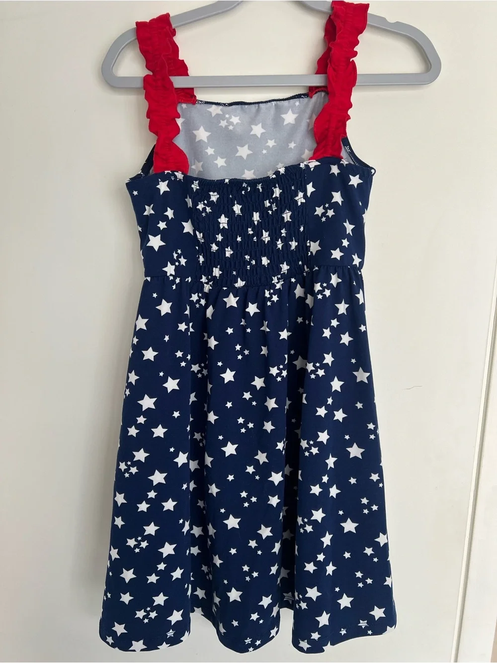 btween Navy Star Print Dress with Red Ruffle Straps